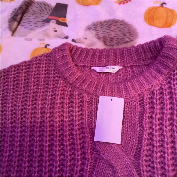 Belle Du Jour Juniors/Womens Cable-Knit Balloon-Sleeve Sweater - Picture 5 of 6